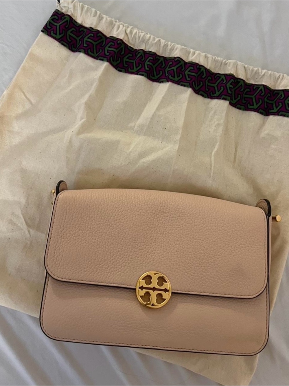 Tory Burch Blush Pink Pebbled Leather Crossbody with Gold Logo